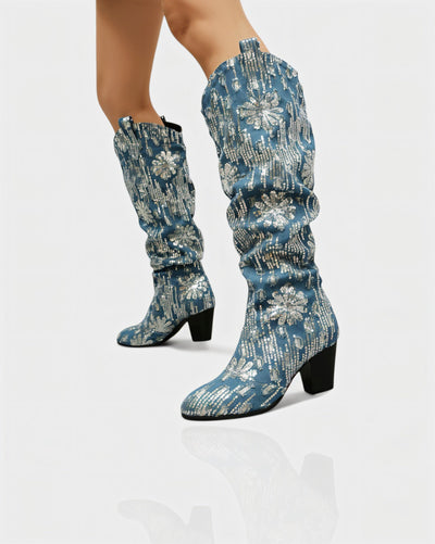DIANNE Sequin Floral Denim Cowboy Boots