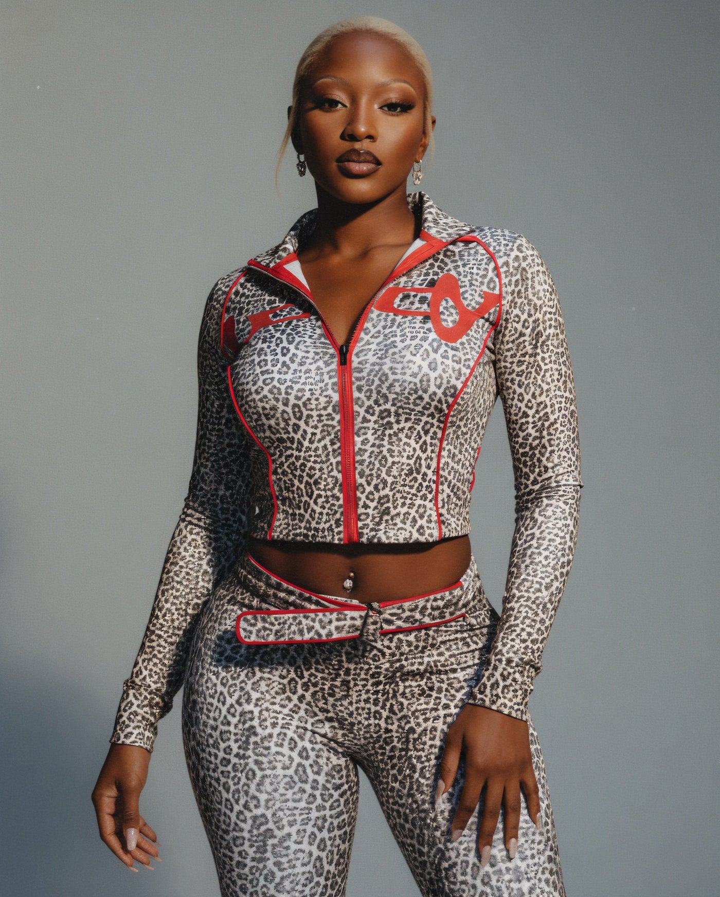 DELYSSA Leopard Cropped Jacket Top & Pants Set