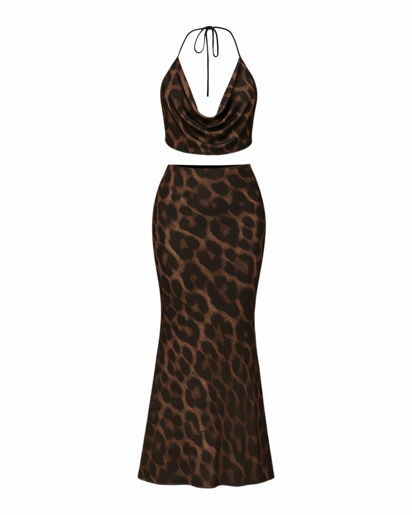 EURY Leopard Print Cowl Top and Maxi Skirt Set