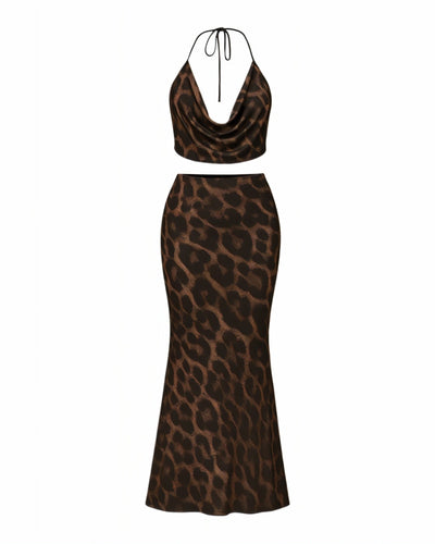 EURY Leopard Print Cowl Top and Maxi Skirt Set