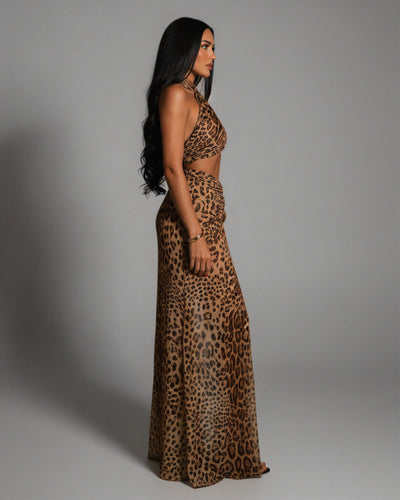 EMPRESS Leopard Print Halter Neck Slit Maxi Dress