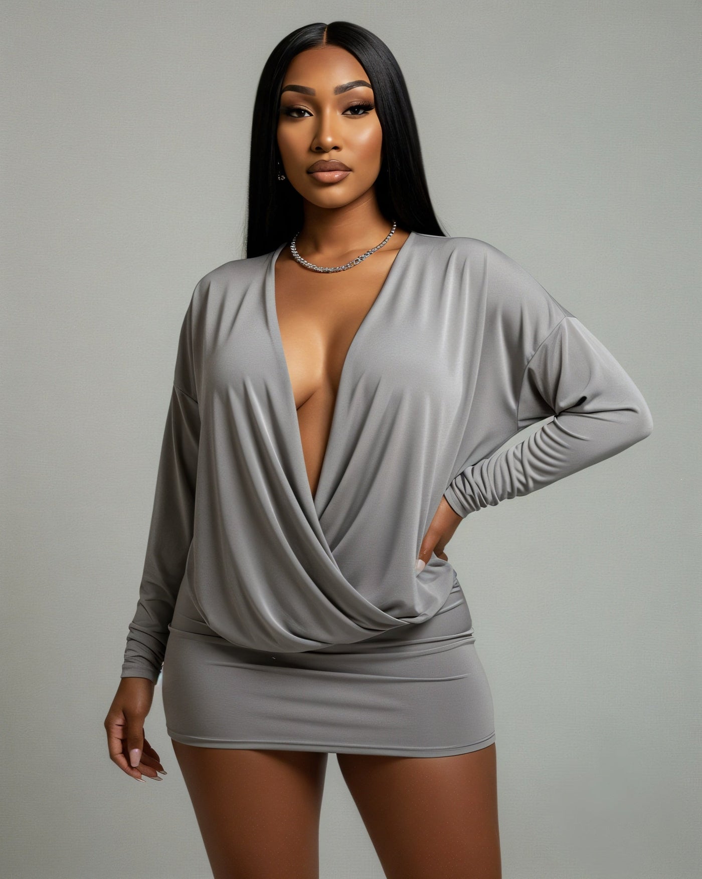 MONA Deep V-neck Long-Sleeve Mini Dress