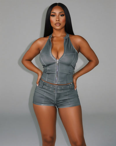 CLARISSA Denim Zip Up Top & Shorts Set