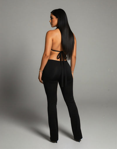 ELONA Deep Plunge Halter Flare Jumpsuit