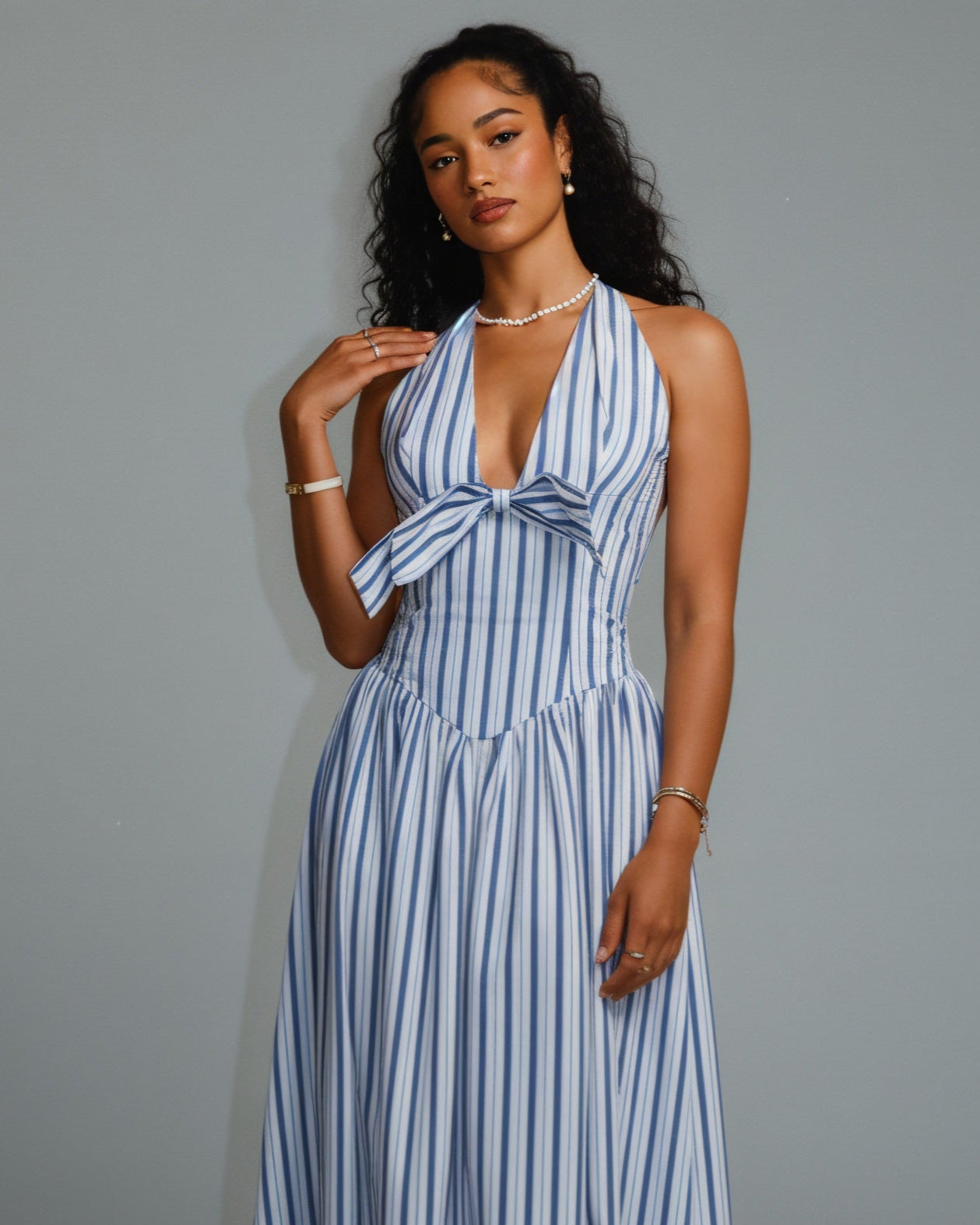 FENICIA Striped Halter Midi Dress