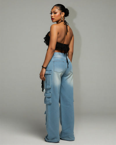 INGRID Denim Ripped Cargo Pants