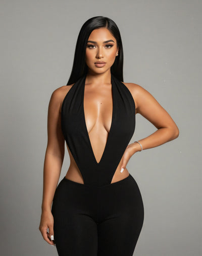 ELONA Deep Plunge Halter Flare Jumpsuit