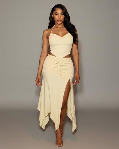 JESS Halter Crop Top & Ruched Midi Skirt Set