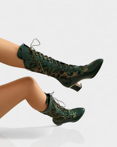 AROLA Lace-Up Embroidered Mid-Calf Boots