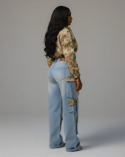 SHENA Floral Cropped Jacket & Cargo Jean Set