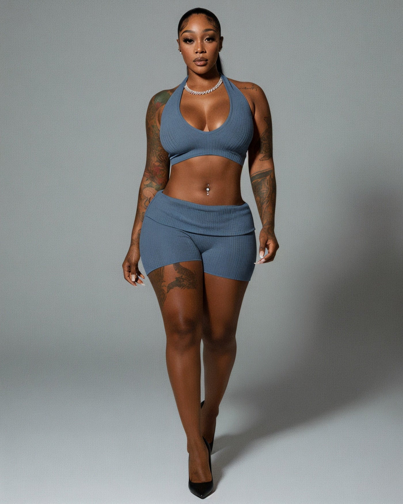 ZEIRA Ribbed Halter Crop Top & High-Waisted Shorts Set