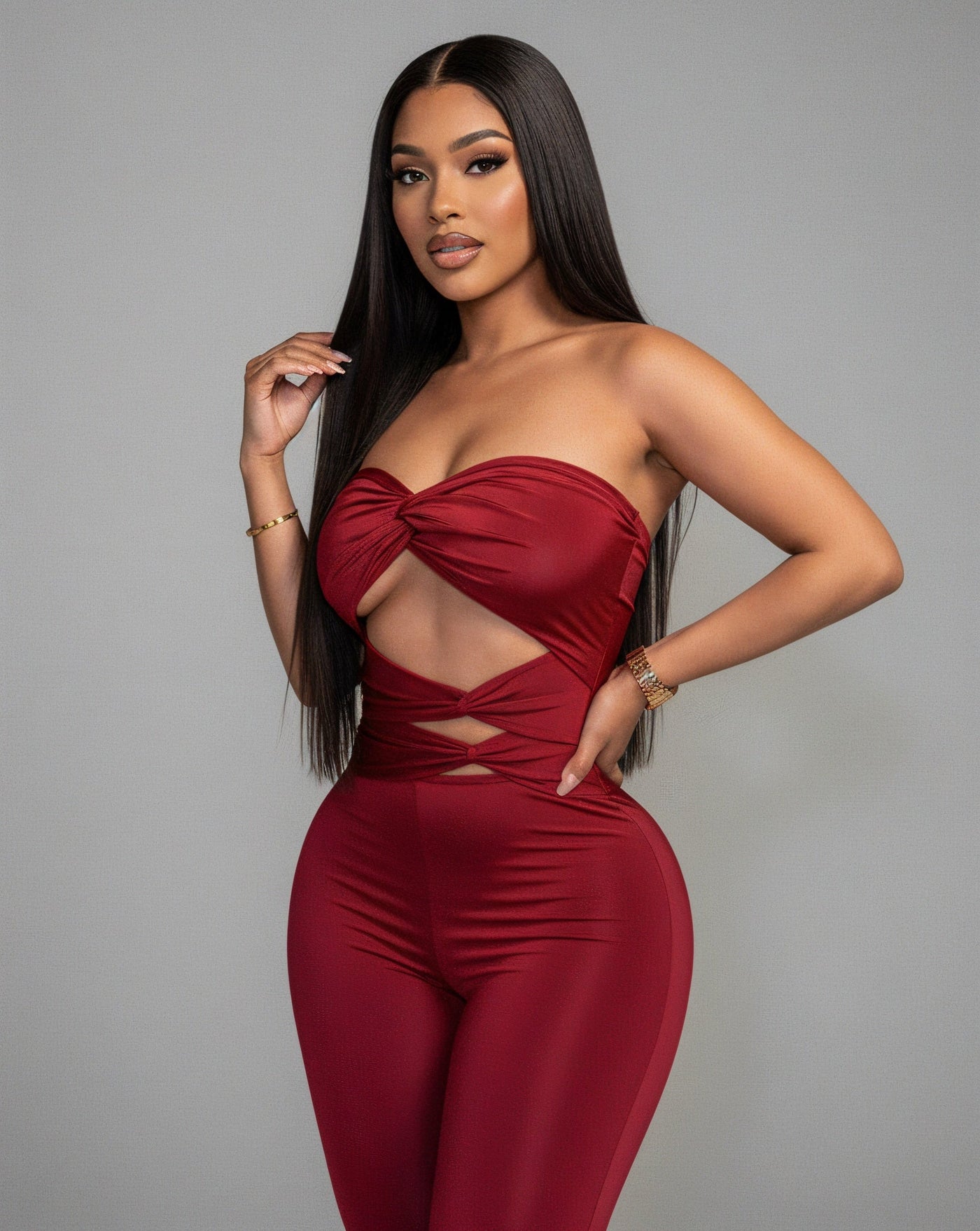 ZANIYA Strapless Twist-Front Flare Jumpsuit