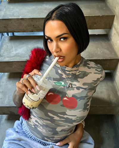 CLAIRE Cherry Detail Camo Print Shirt