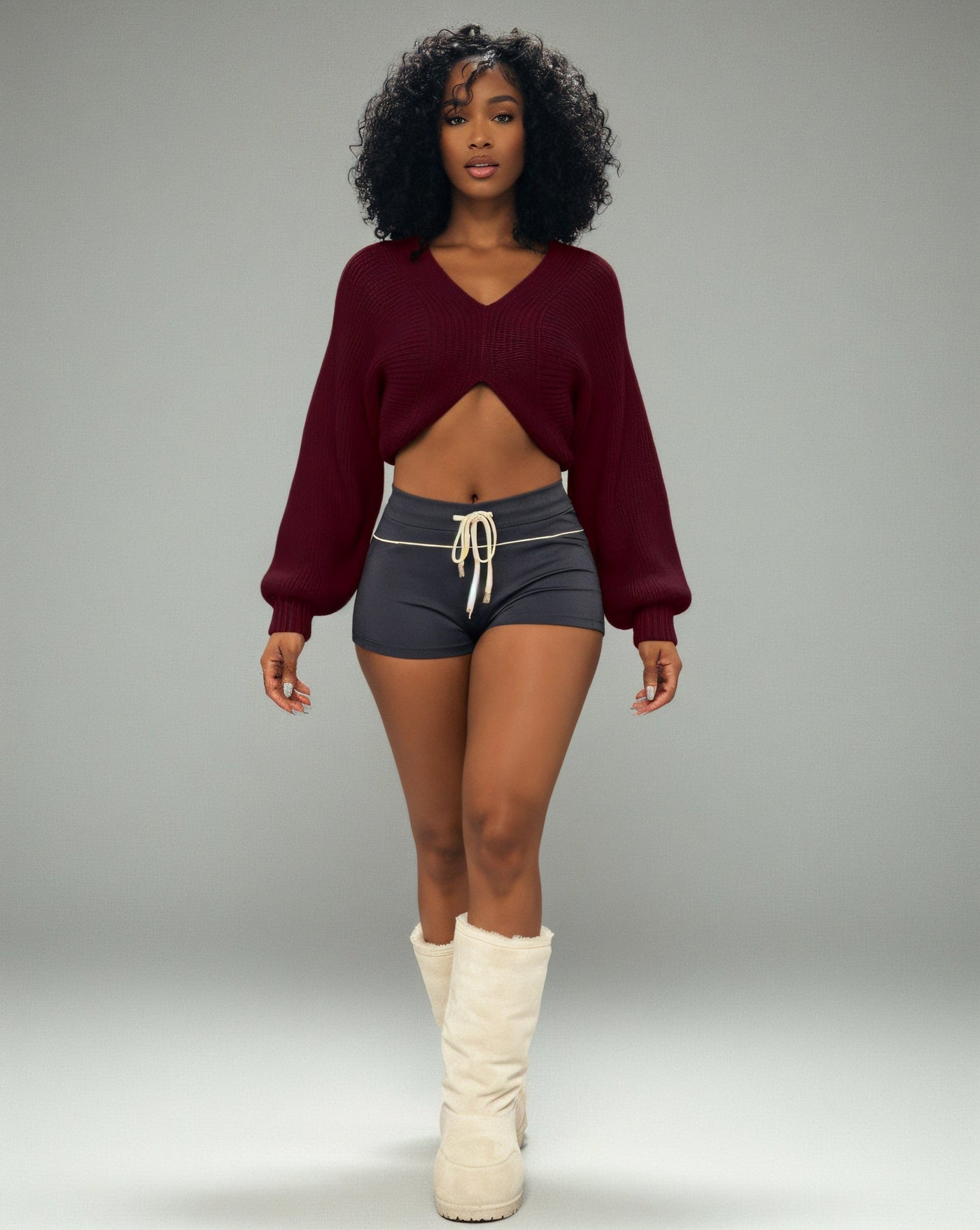 SUNNIVA Ribbed V-Cut Cropped Knit Sweater