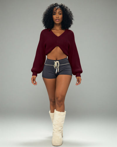 SUNNIVA Ribbed V-Cut Cropped Knit Sweater