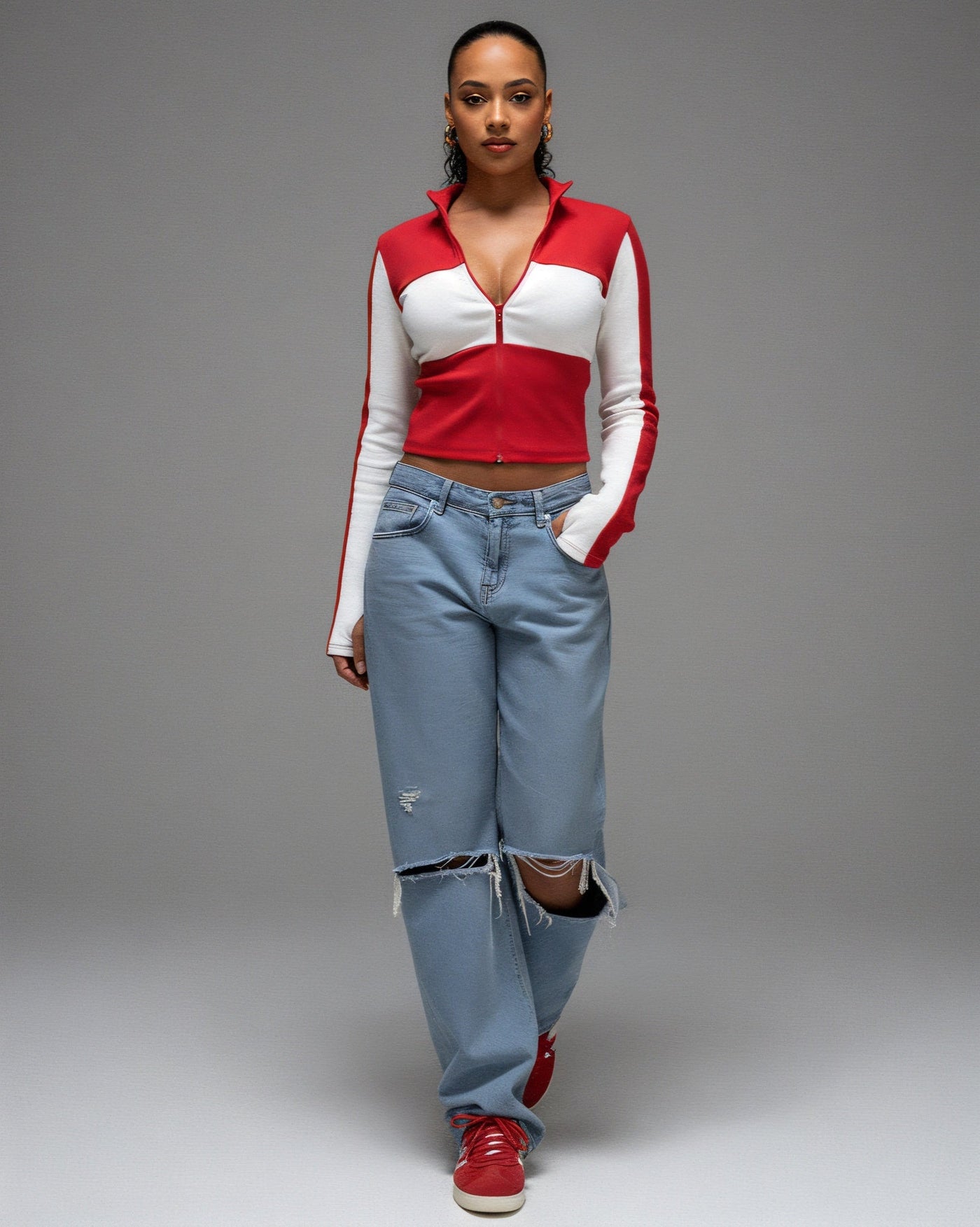 RIVA Colorblock Zip-Up Fitted Top