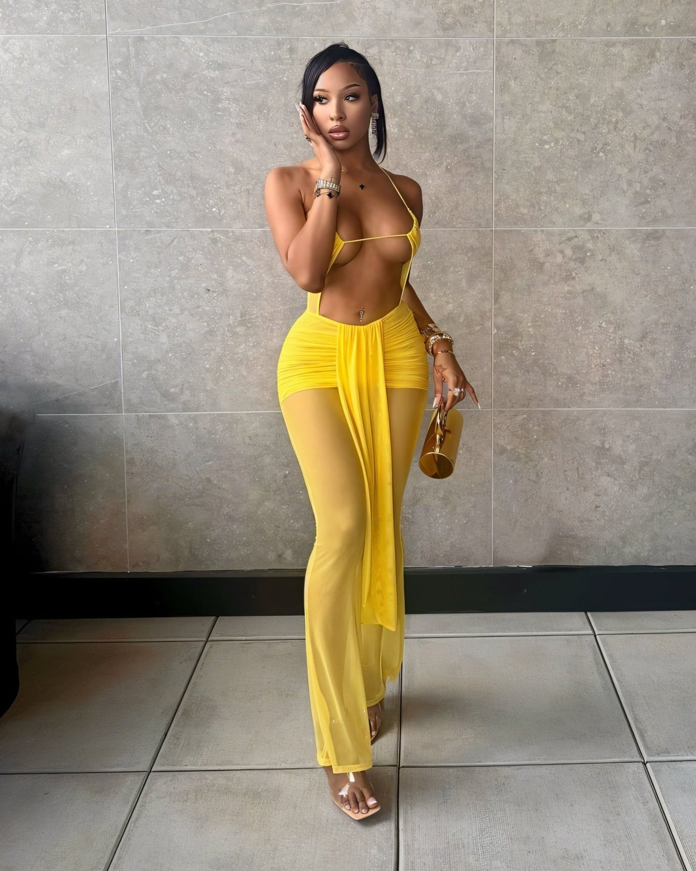 JEMMA Mesh Cutout Drape Jumpsuit