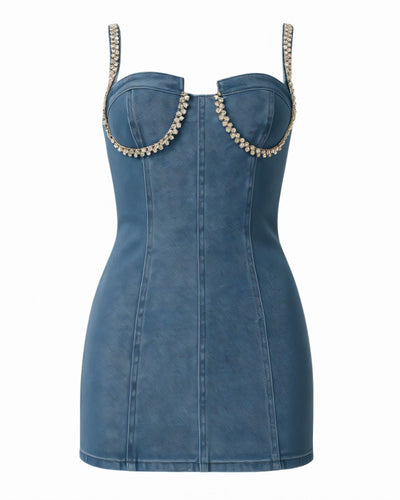 COSETTE Embellished Trim Denim Bodycon Mini Dress
