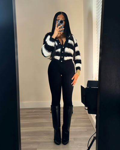 NARIA Striped Fuzzy Button-Up Cropped Cardigan