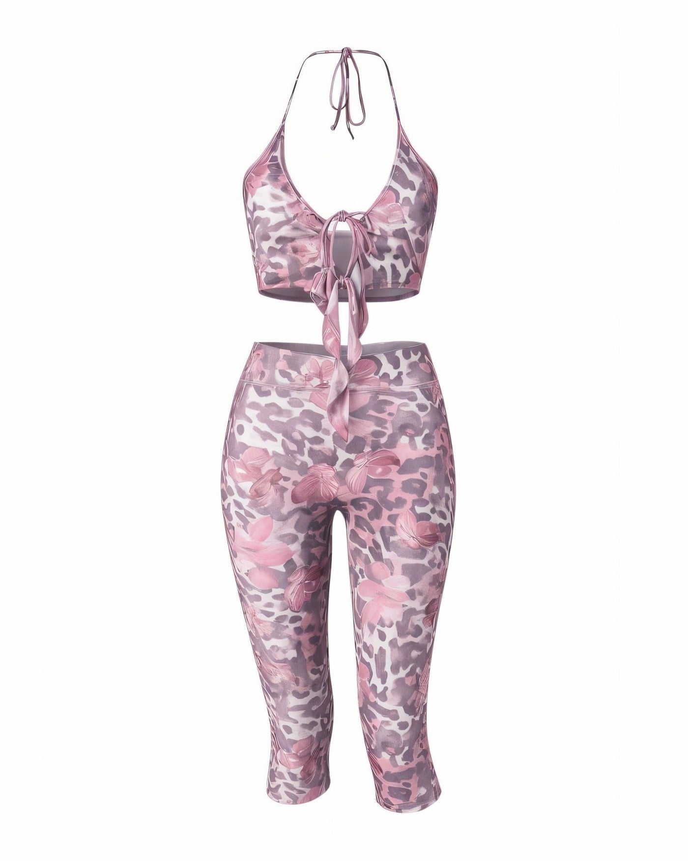CHESKA Floral & Leopard Print Top & Capri Pant Set