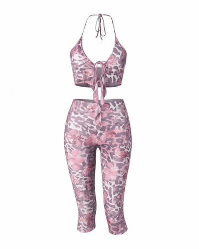 CHESKA Floral & Leopard Print Top & Capri Pant Set