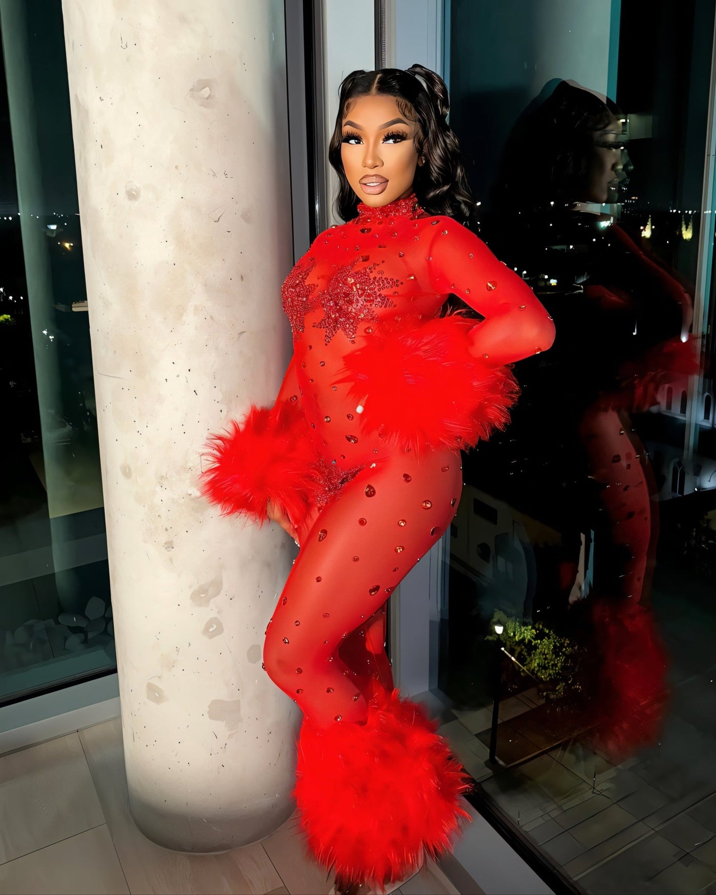 CHARICE Rhinestone & Faux Fur Trim Jumpsuit