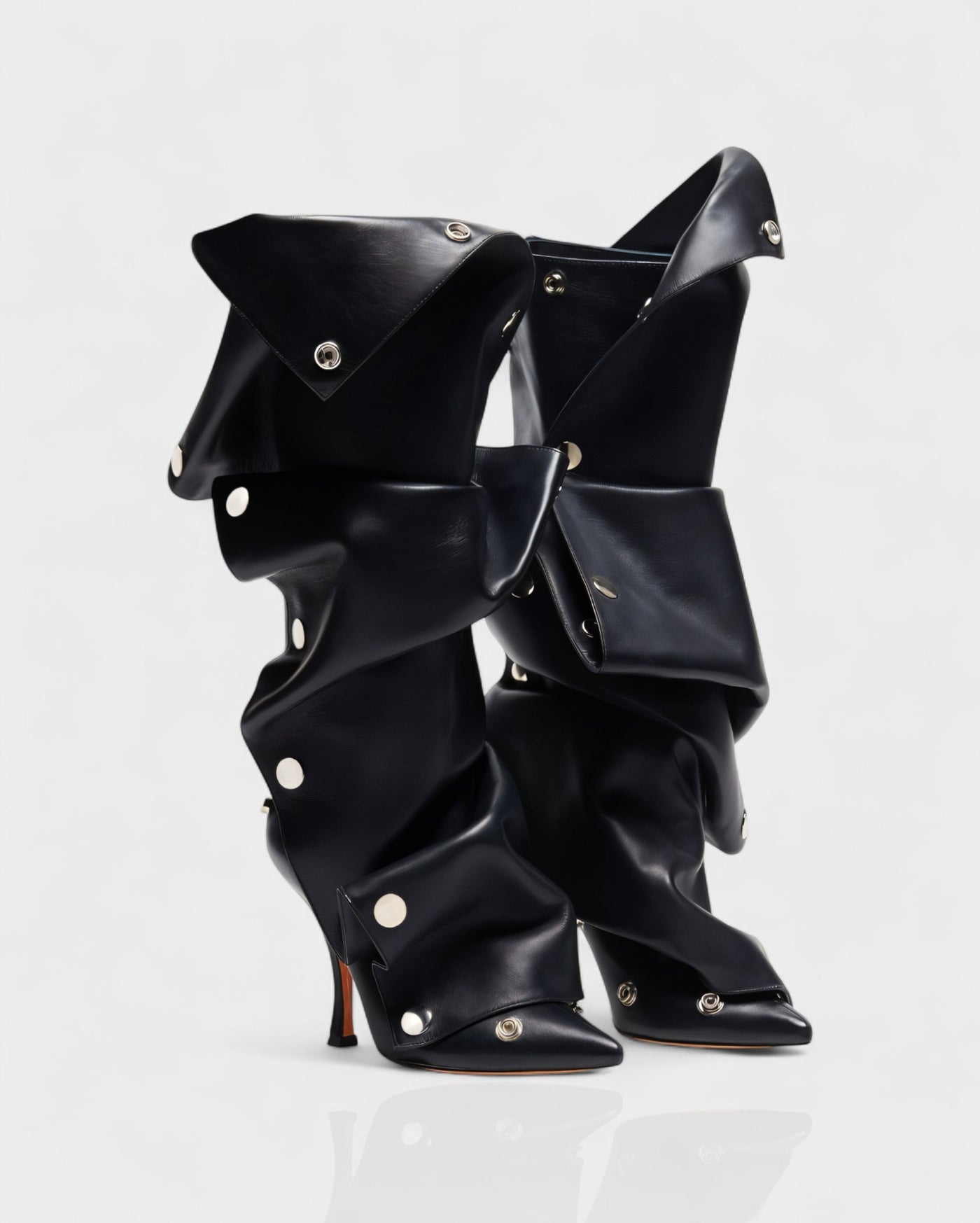 KIVARA Stiletto Heel Fold-Over Rivet Knee-High Boots