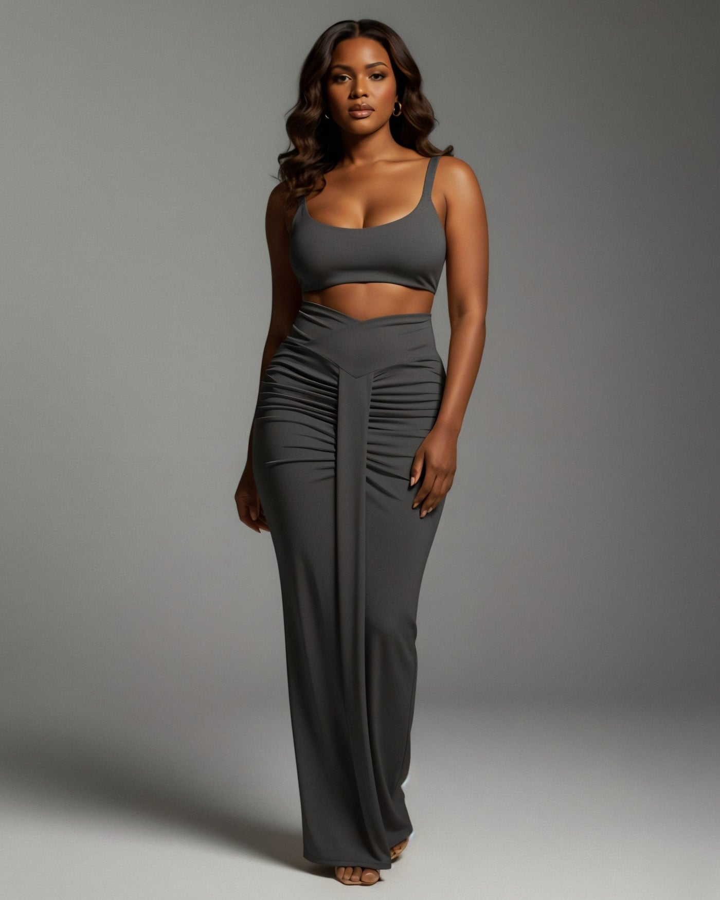 ZELLA Ruched High-Waist Draped Maxi Skirt
