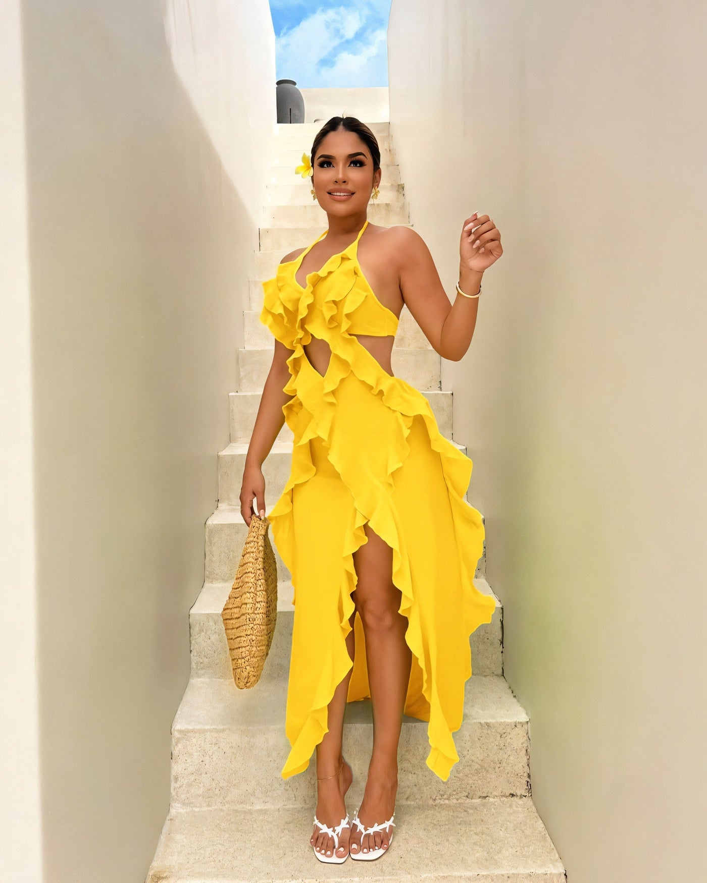 CAMRYN Halter Neck Cutout Ruffle Maxi Dress