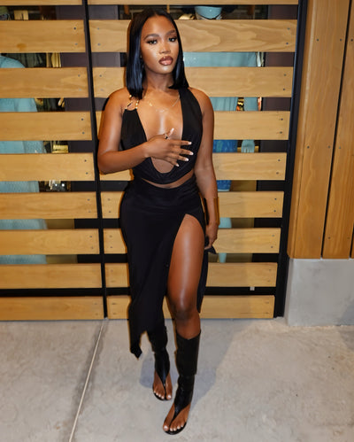 RHIANA Cowl Neck Top & High-Slit Skirt Set