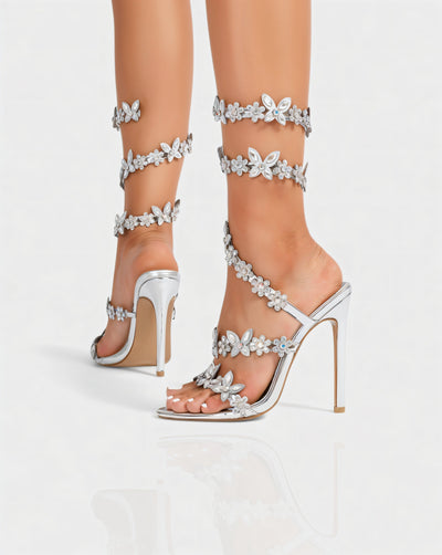 VALENA Crystal Embellished Butterfly & Floral Strappy High Heels