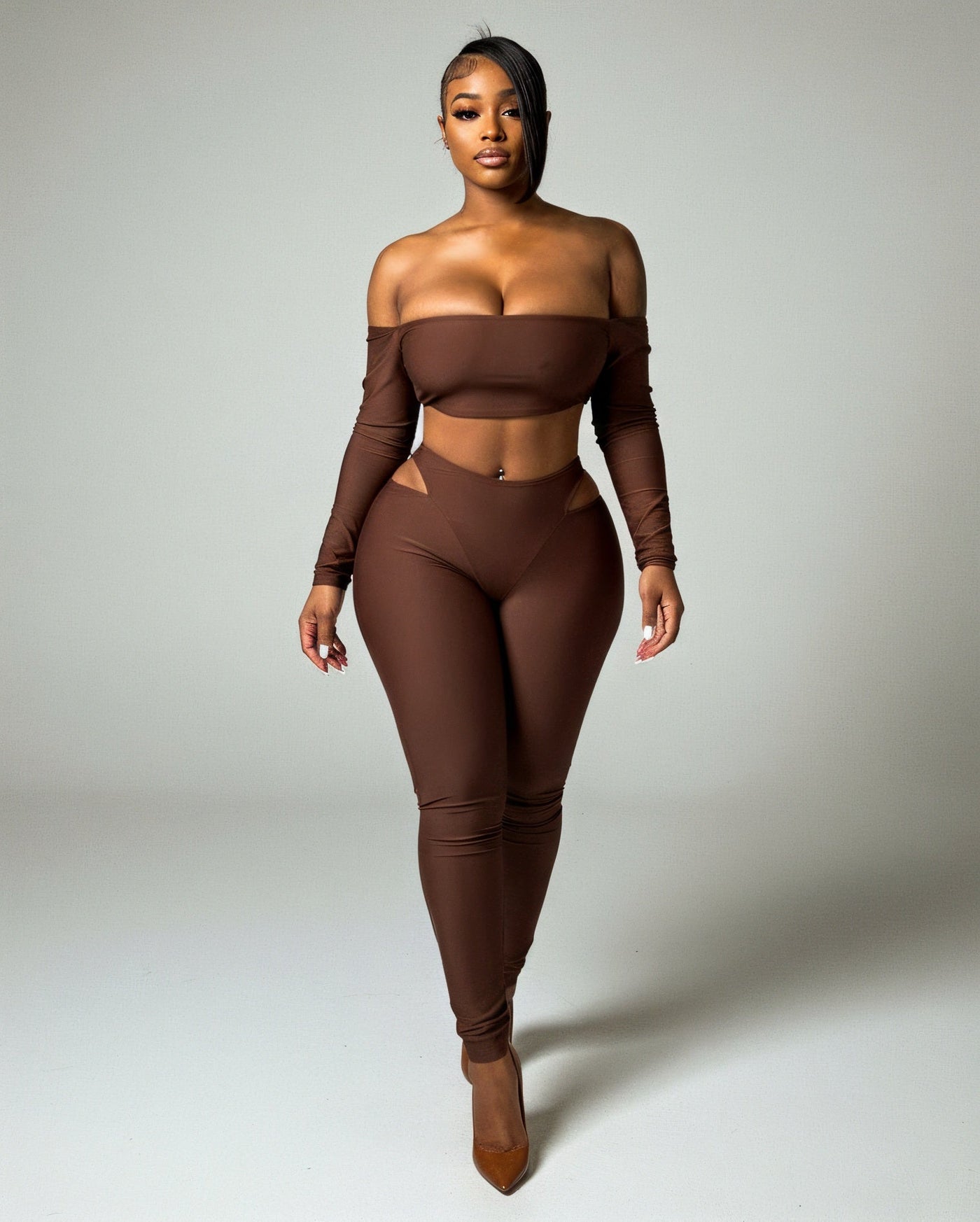 ELOWEN Off-shoulder Long Sleeve Top & Cutout Pants Set