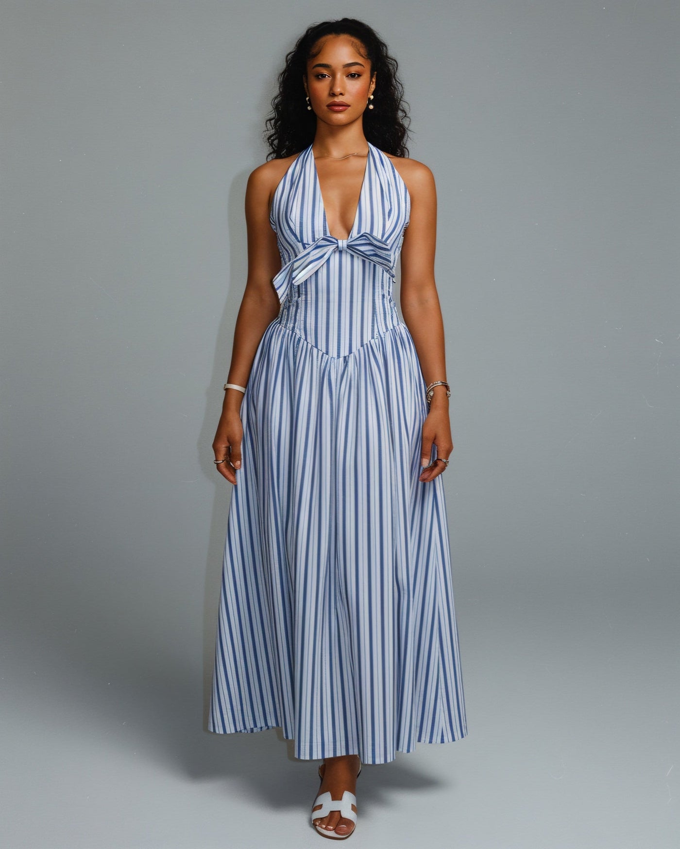 FENICIA Striped Halter Midi Dress