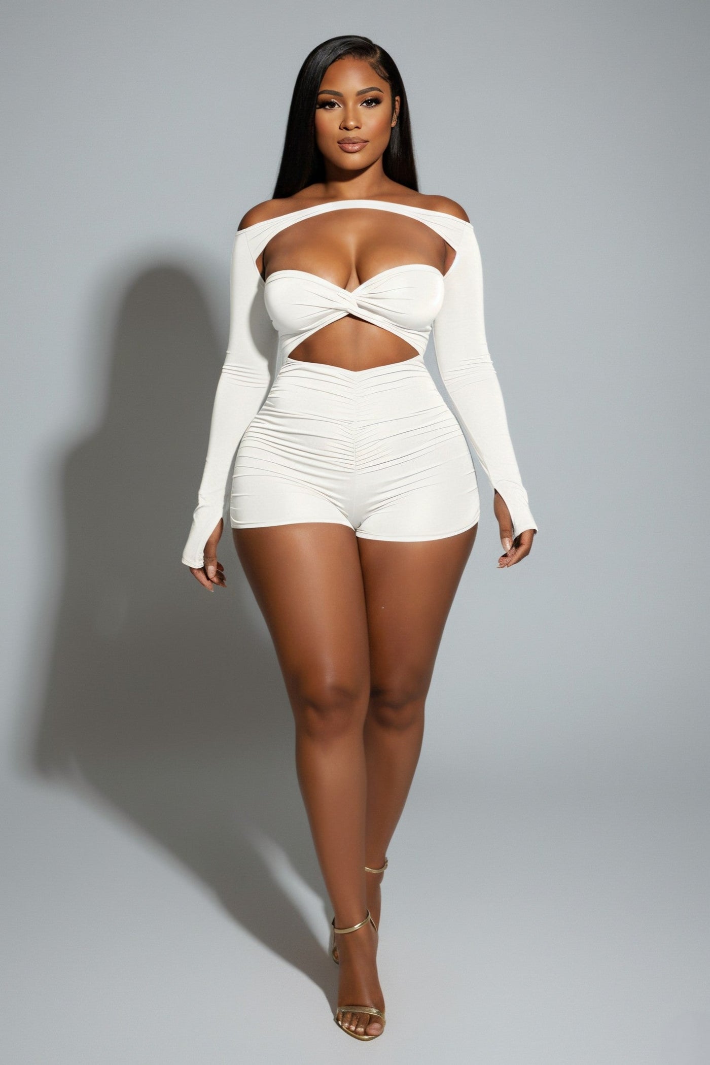 ESMERIA Off-Shoulder Cutout Ruched Romper