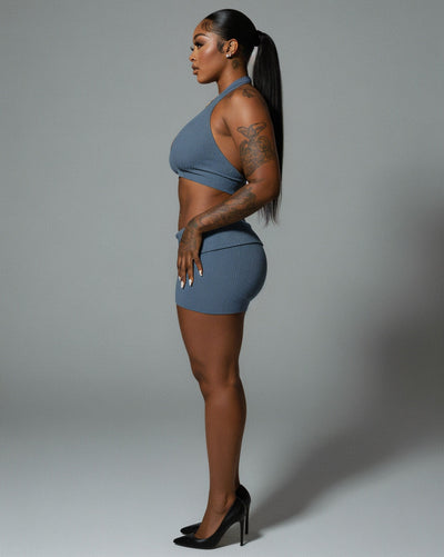 ZEIRA Ribbed Halter Crop Top & High-Waisted Shorts Set
