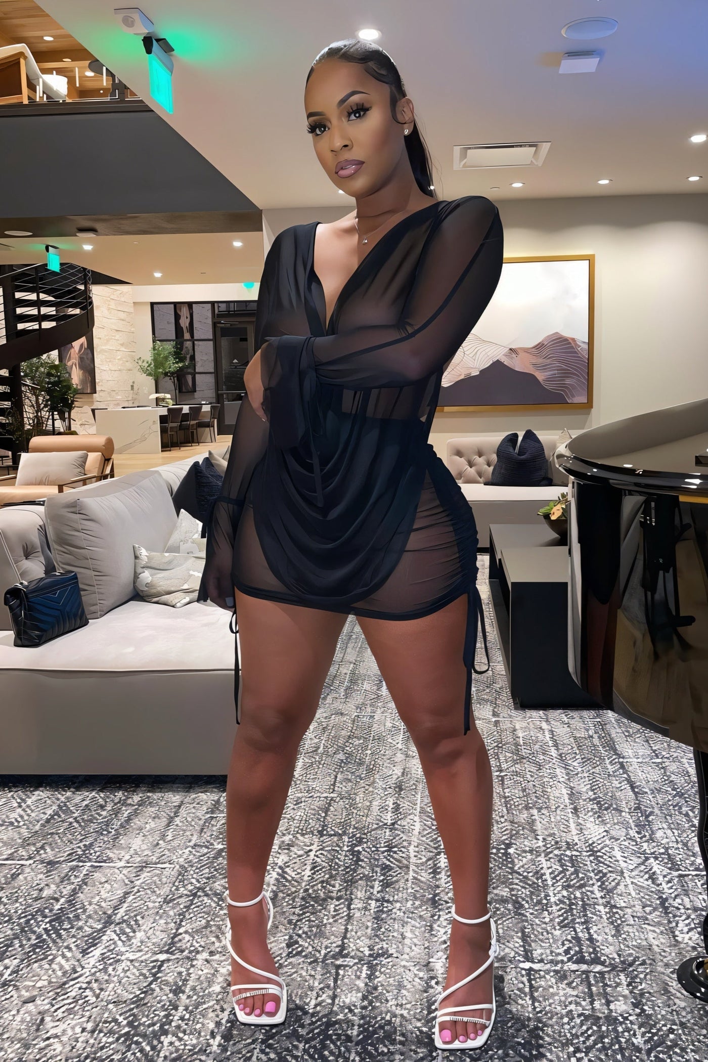 VALERIA Tie-up Mesh Gauze Pleated Skirt Set