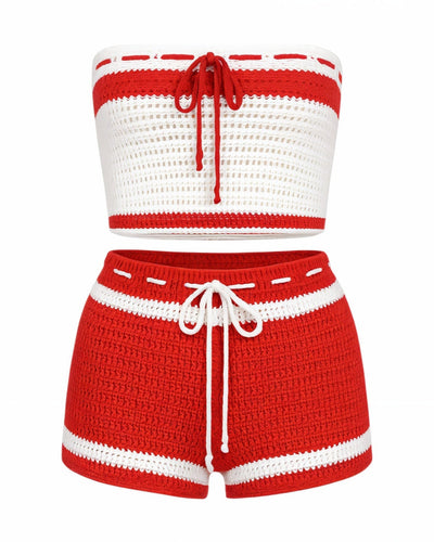 BELLE Striped Crochet Knit Top & Short Set