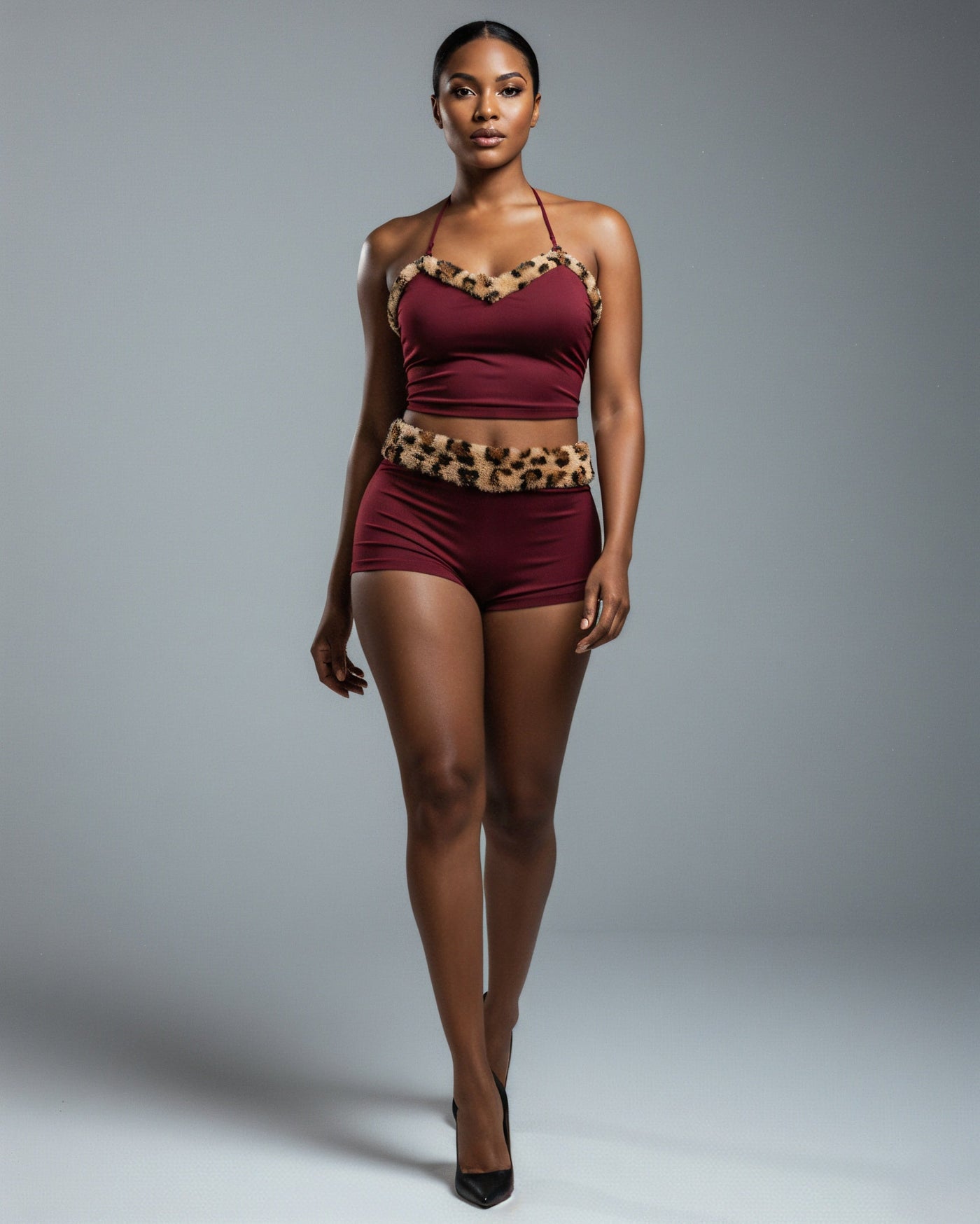 JENNY Leopard Fur Trim Top & Shorts Set