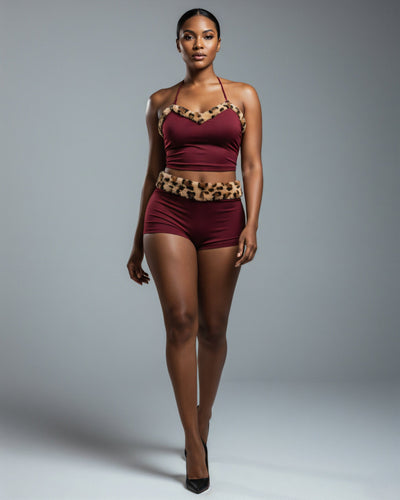 JENNY Leopard Fur Trim Top & Shorts Set