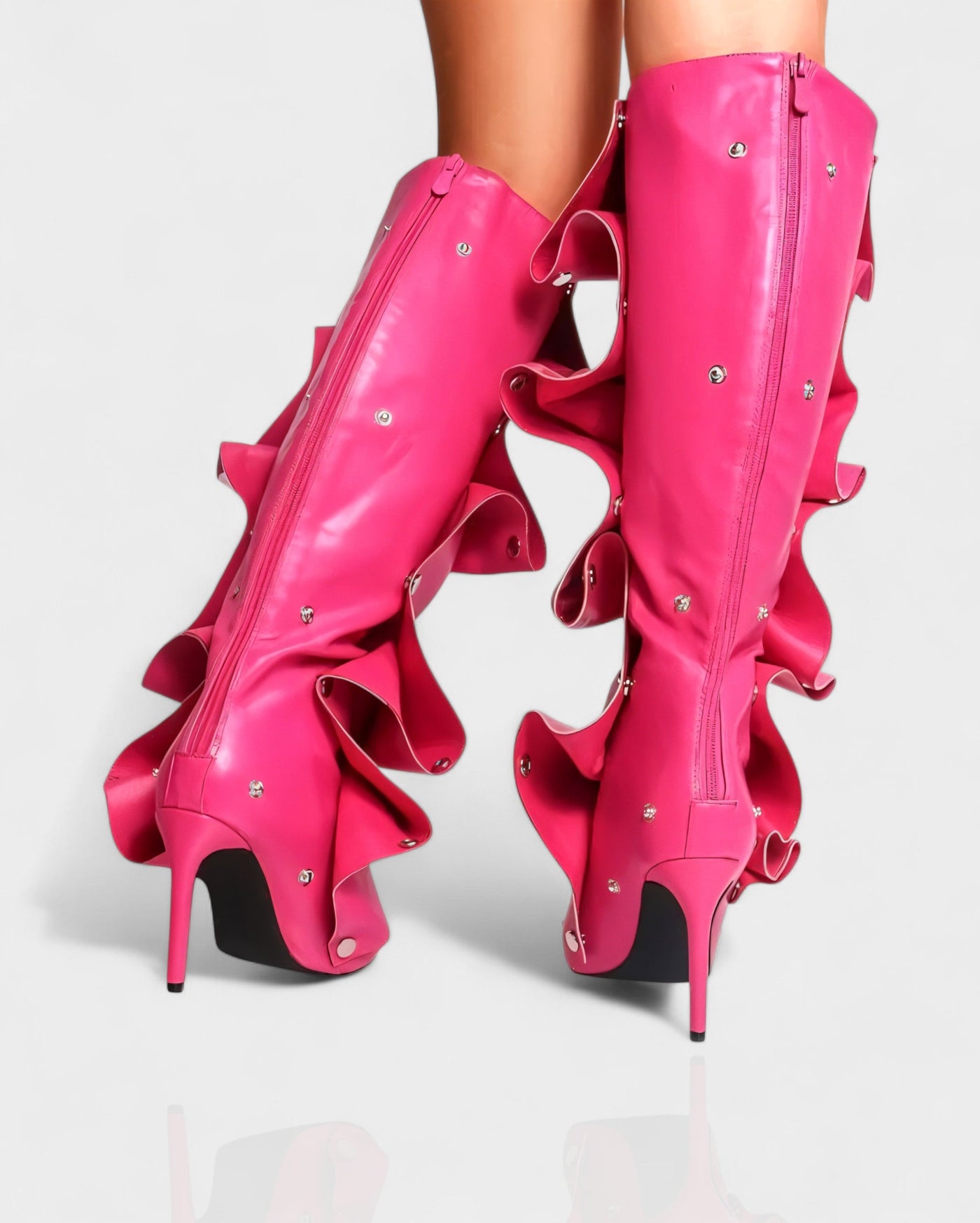 KIVARA Stiletto Heel Fold-Over Rivet Knee-High Boots
