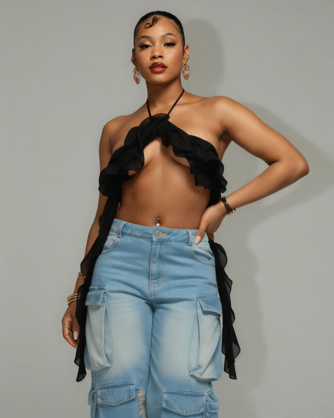 INGRID Denim Ripped Cargo Pants