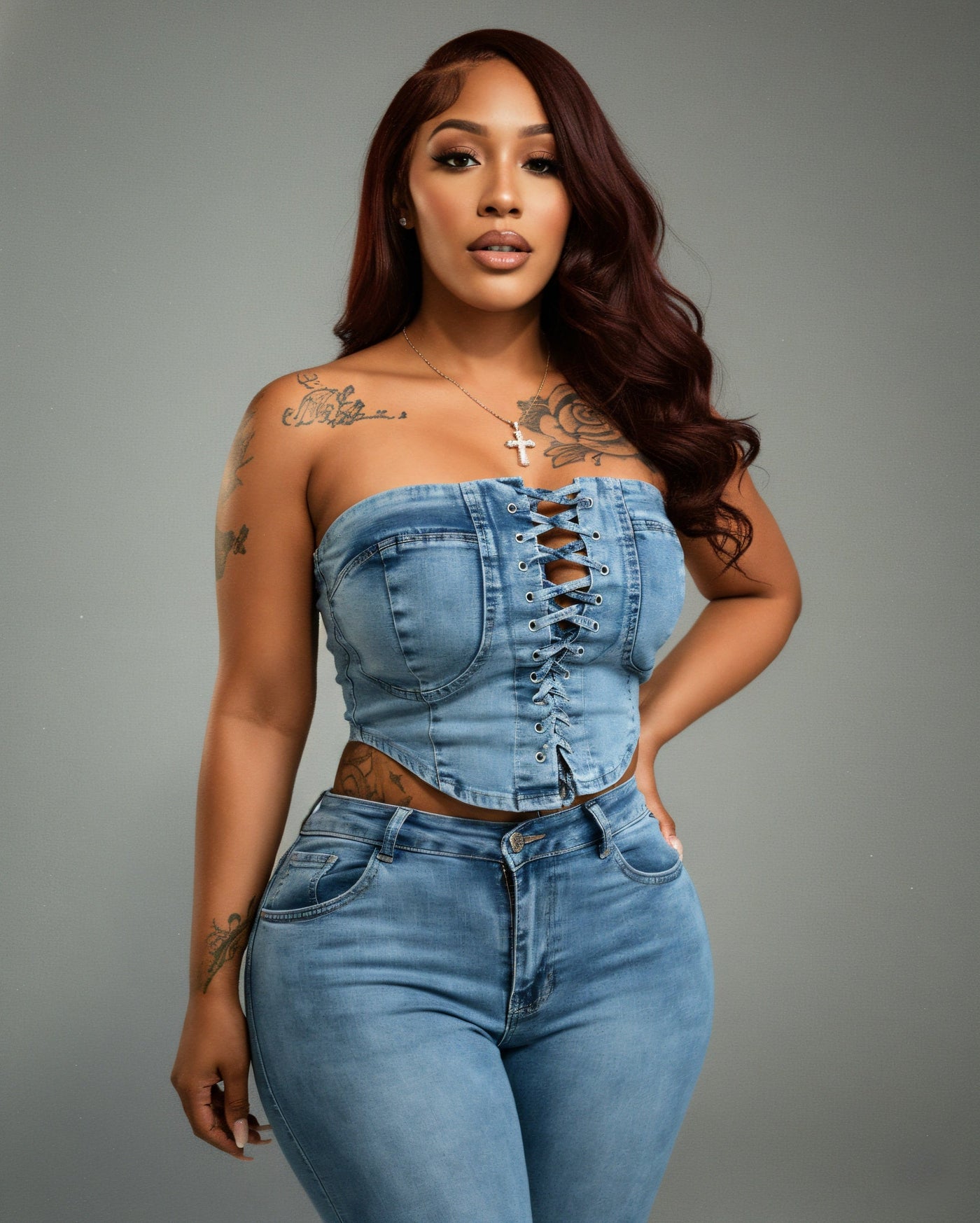 ISSA Laced Denim Corset Top & Capri Pants Set
