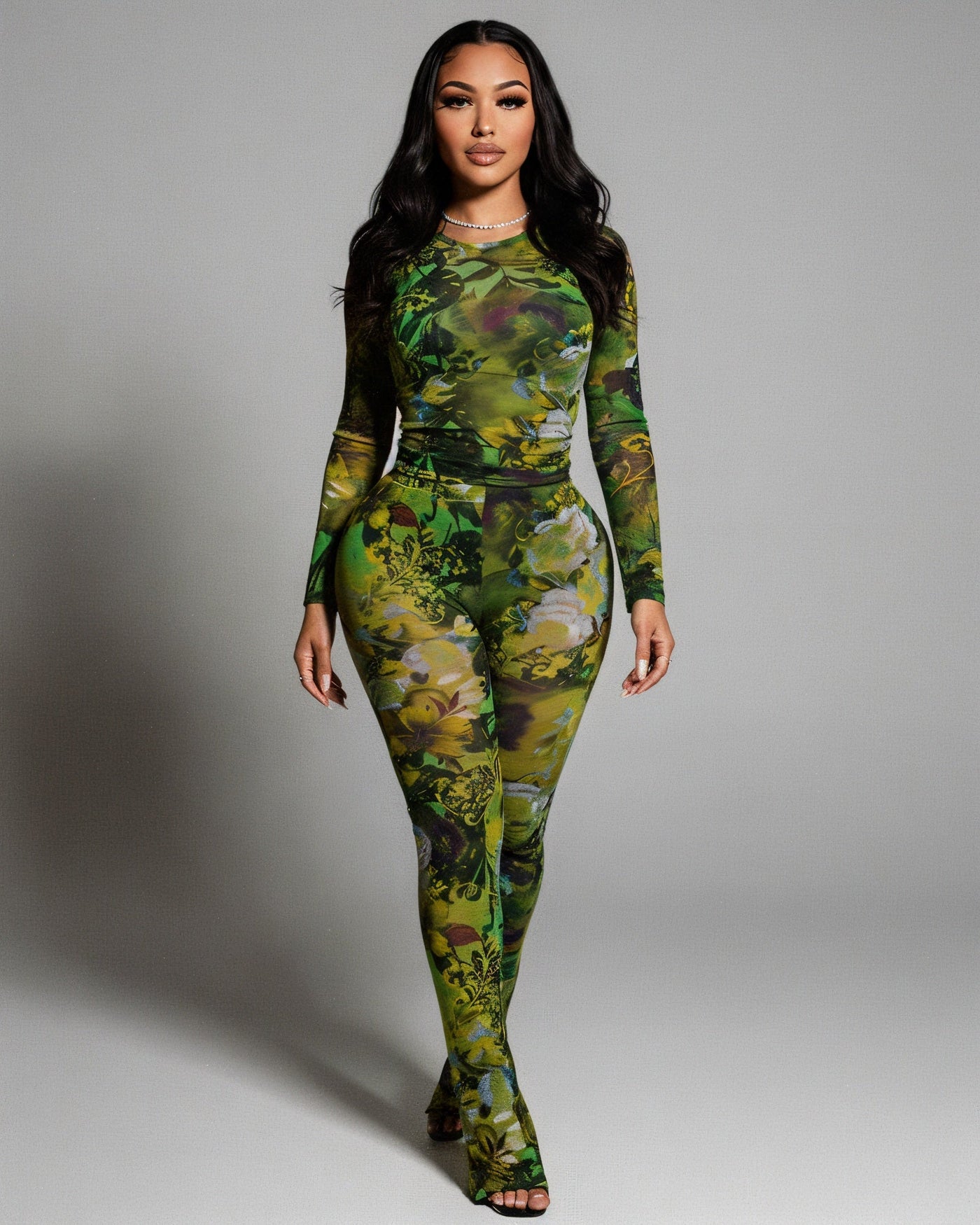 SANNA Floral Mesh Long Sleeve Top & Pants Set