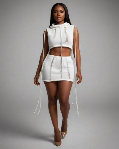 YESSA Knit Hooded Crop Top & Lace-Up Mini Skirt Set