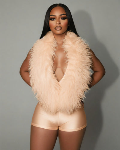 LANNY Deep V Neck Faux Feather Satin Romper