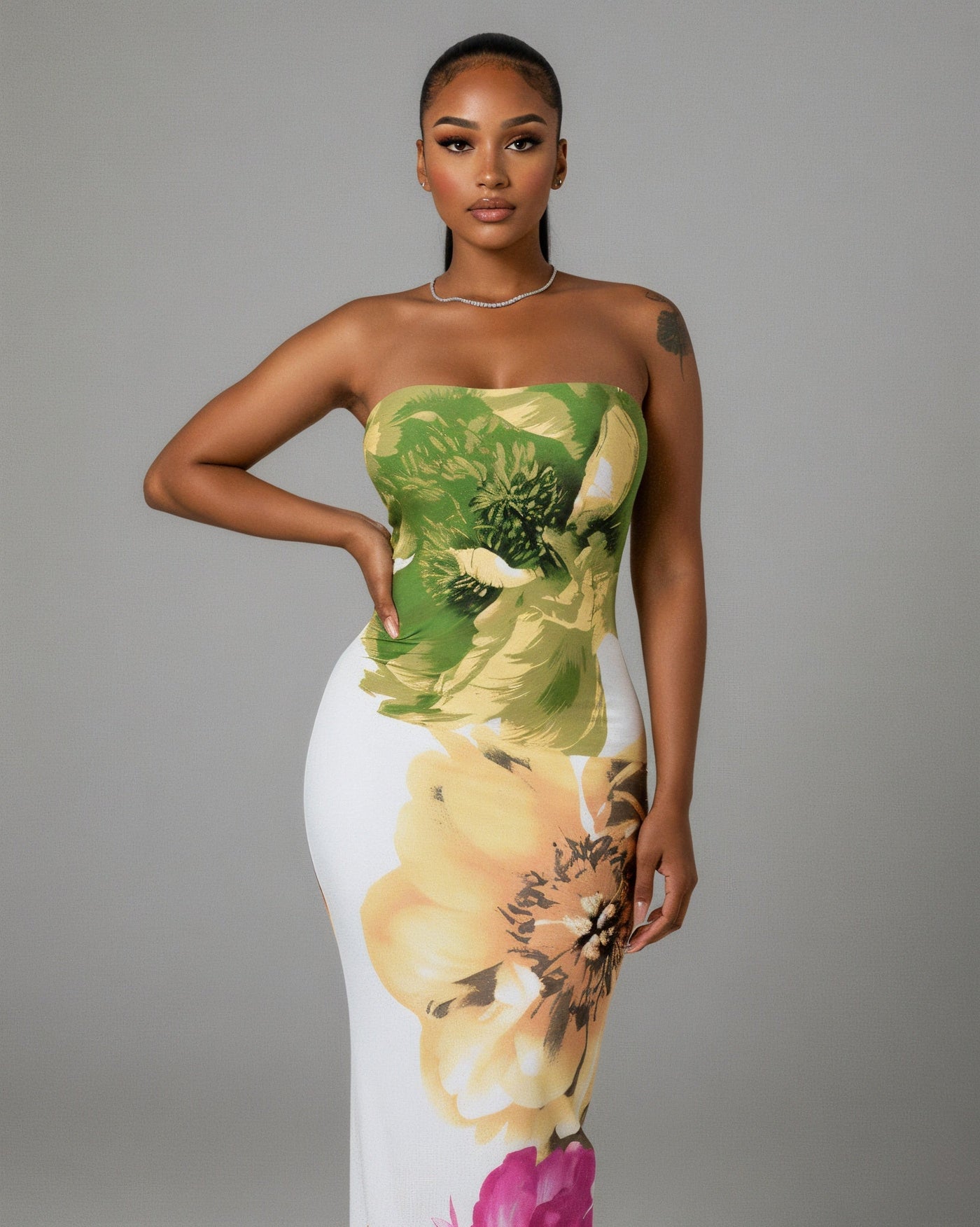 LYCA Floral Print Strapless Maxi Dress