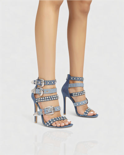 SHERAH Open Toe & Rhinestone Embellished Stiletto Heels