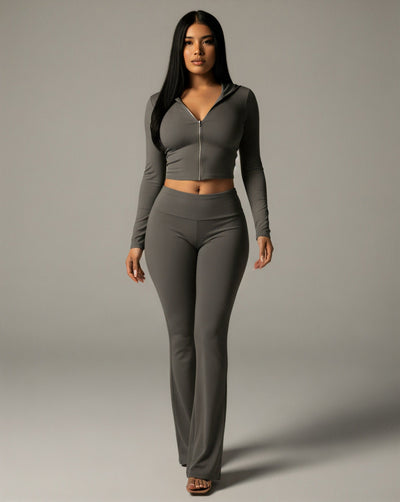 RAINY Zip-Up Hoodie and Flare Pants Set