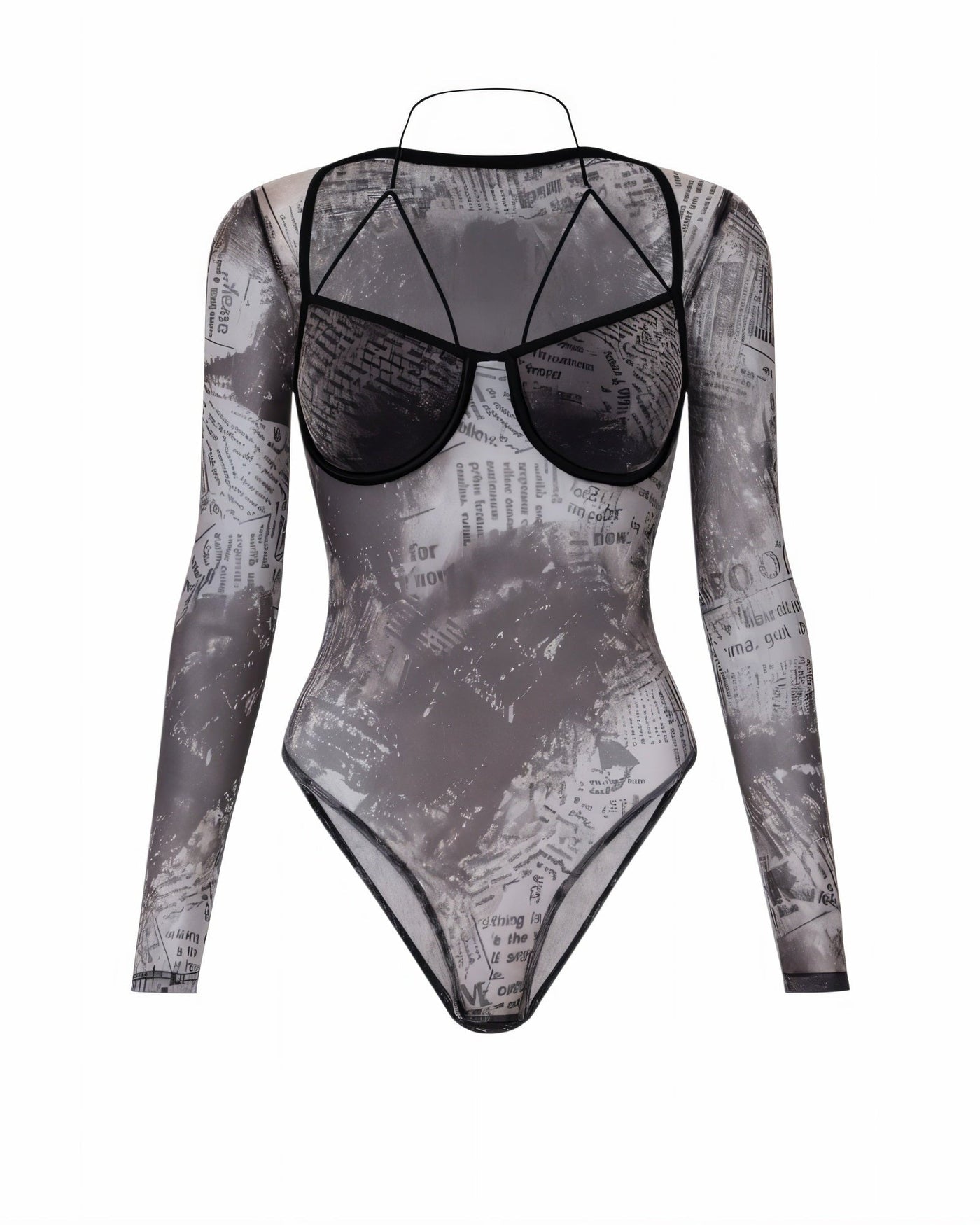 ZHONYA Newspaper Print Mesh Harness Bodysuit
