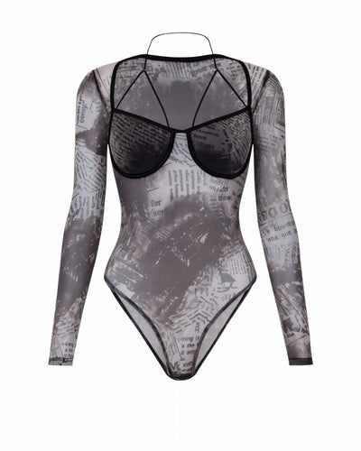 ZHONYA Newspaper Print Mesh Harness Bodysuit